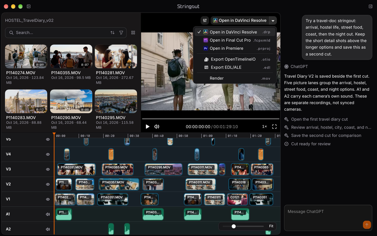 Travel-documentary revision in Stringout: ChatGPT chat beside five video tracks, two audio tracks and the NLE export menu.