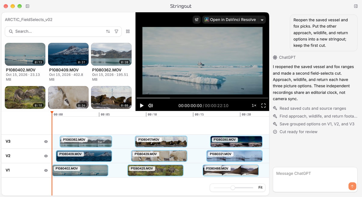 ChatGPT and Stringout MCP workflow reopening saved Arctic footage ranges, with source thumbnails, a video player and grouped V1–V3 timeline options.