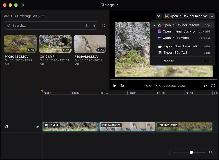 An Arctic coverage cut in Stringout with named source ranges on the timeline and the NLE export chooser open.