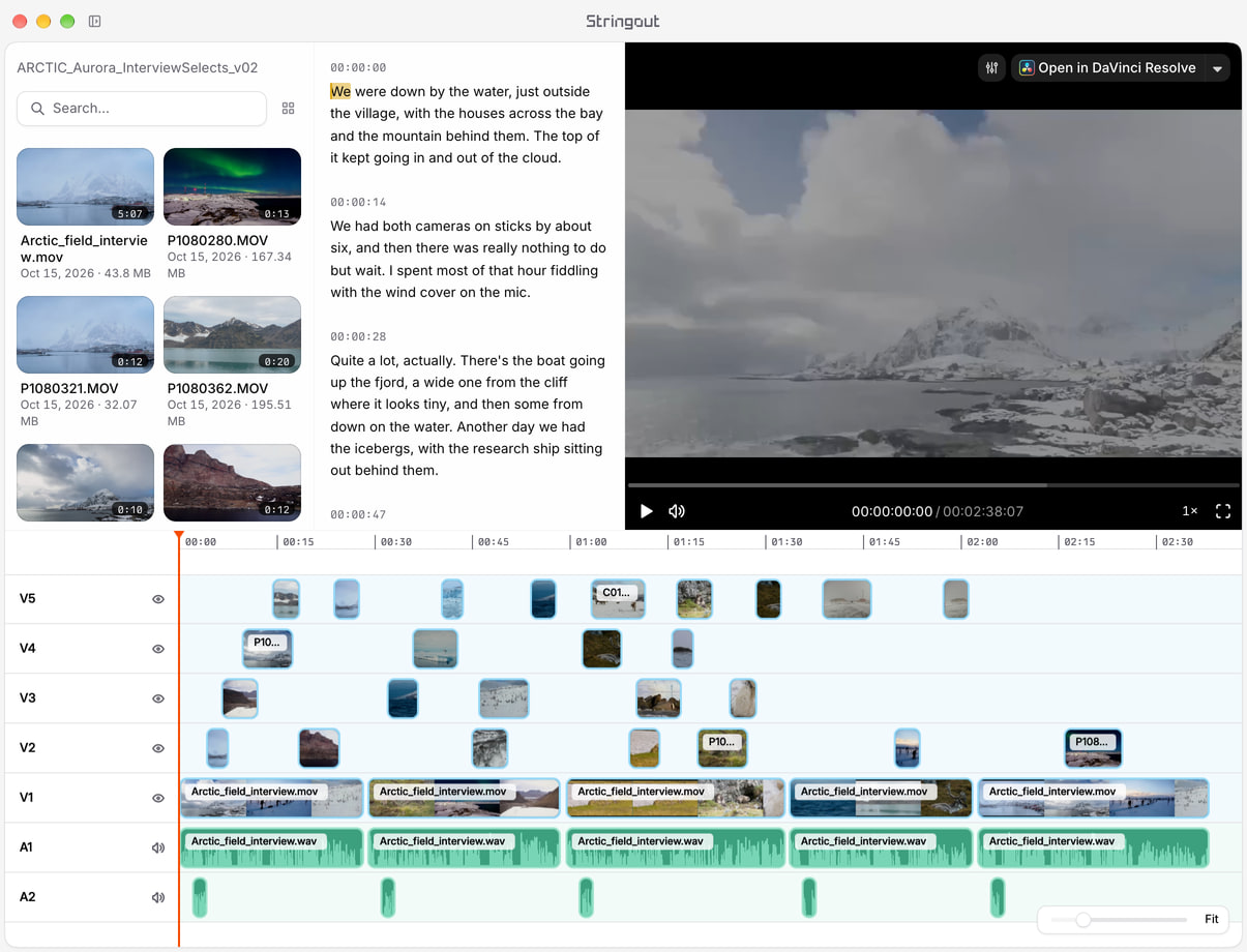 A northern-lights interview selects cut in Stringout, with the field interview, aurora and Arctic coverage, and staggered source-linked picture and audio ranges.