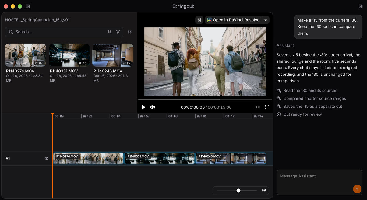 A 15-second hostel campaign cut in Stringout with three source-linked shots, a timeline and an assistant conversation that keeps the 30-second version.