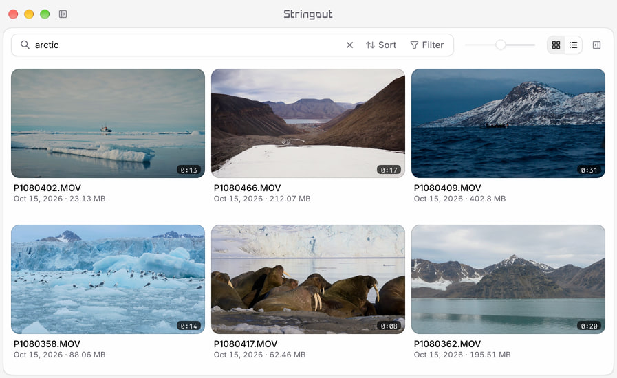 Stringout library search for arctic showing previously indexed ice, fjord and wildlife source recordings from T7 Shield.