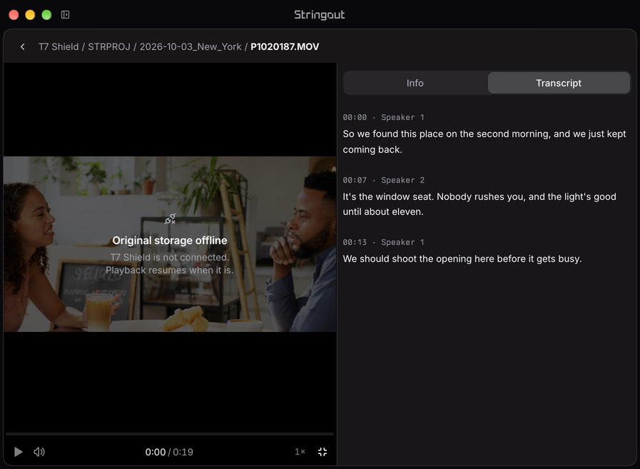 An indexed café conversation in Stringout shows its cached two-speaker transcript while the player reports Original storage offline.