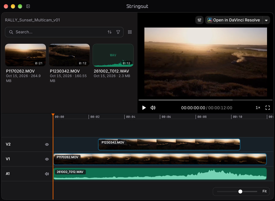 Stringout project timeline with two angles of one sunset rally stage on staggered video tracks and a sound-roll placement on an audio track.