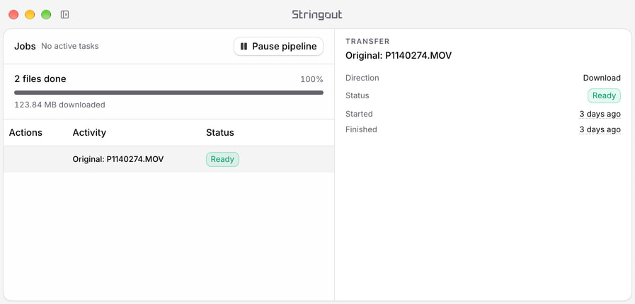 Stringout Jobs showing a completed original download for a hostel campaign recording, with the transfer selected in the details panel.