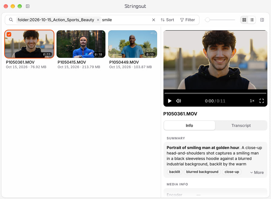 Stringout search for smile within an action sports and beauty folder, with a smiling young man selected and his preview and summary shown in the Info sidebar.
