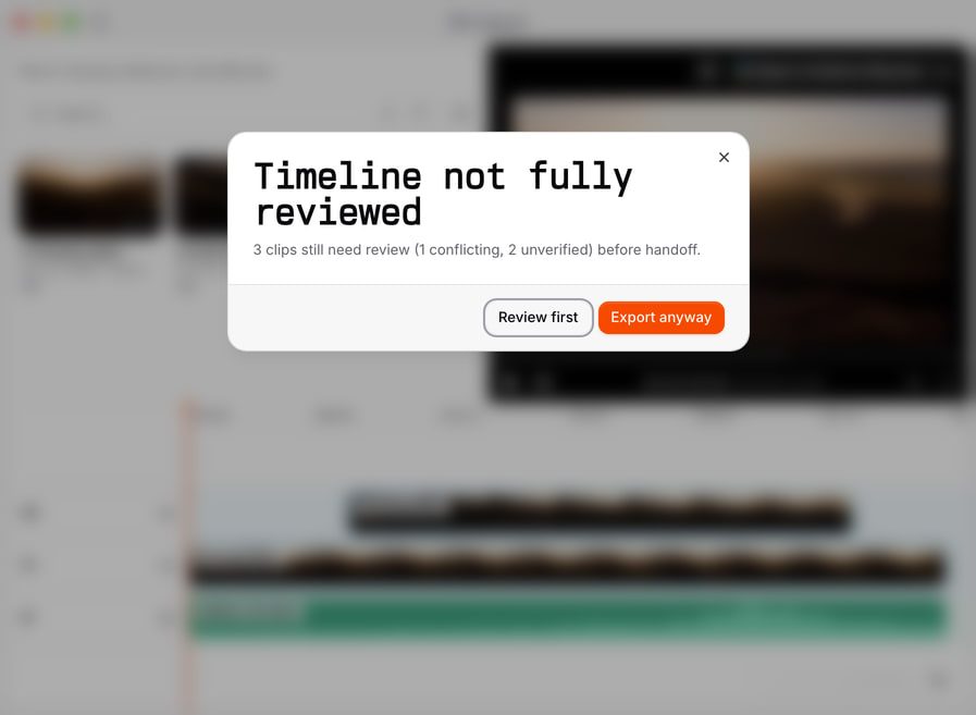 Stringout’s sync review warning over a picture-and-sound timeline identifies three clips needing review, with one conflicting and two unverified.
