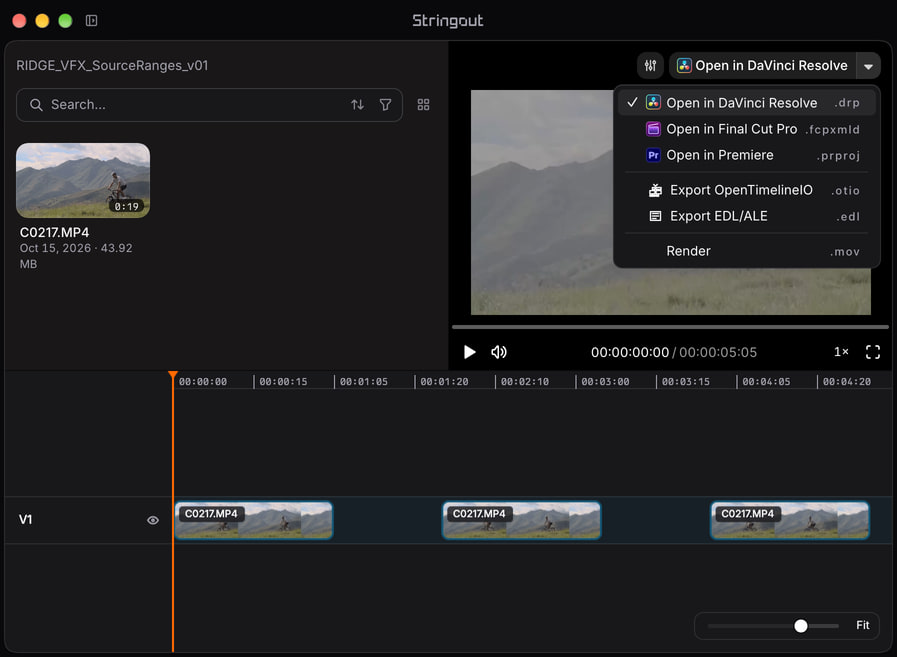Three ranges from the same mountain-bike camera recording remain linked to their source on a Stringout timeline, with the NLE export chooser open.